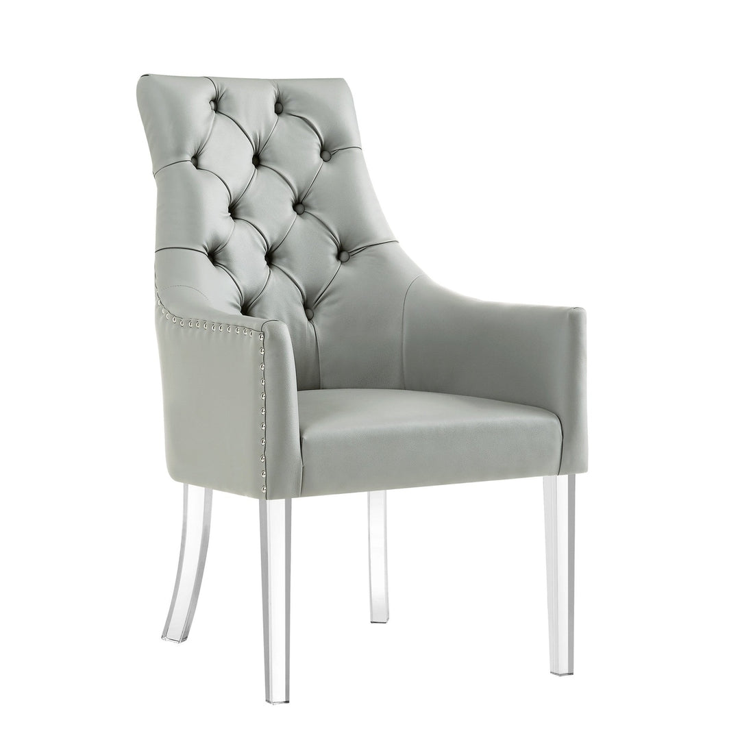 Set of Two Tufted Gray and Clear Upholstered Faux Leather Dining Arm Chairs Image 5