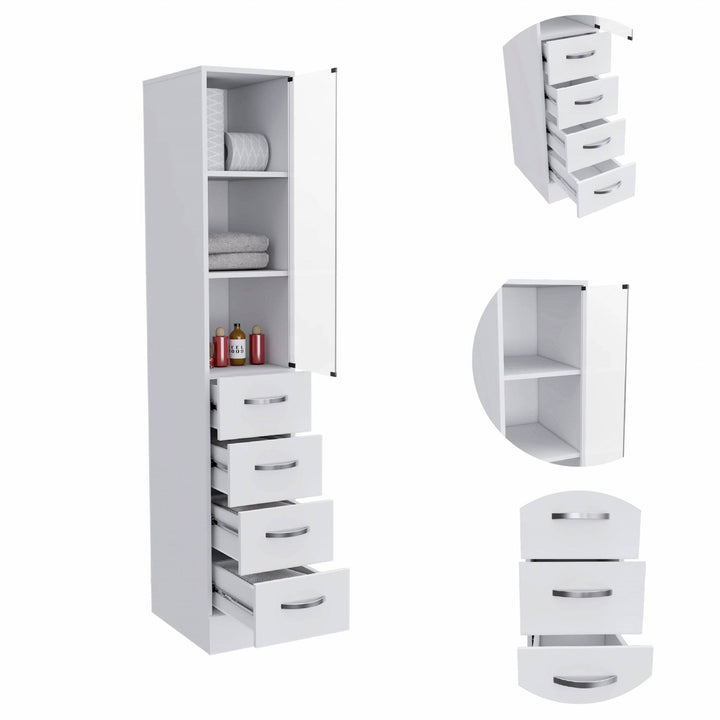 White Bathroom Storage Cabinet with Glass Door and Sliding Drawers Image 4