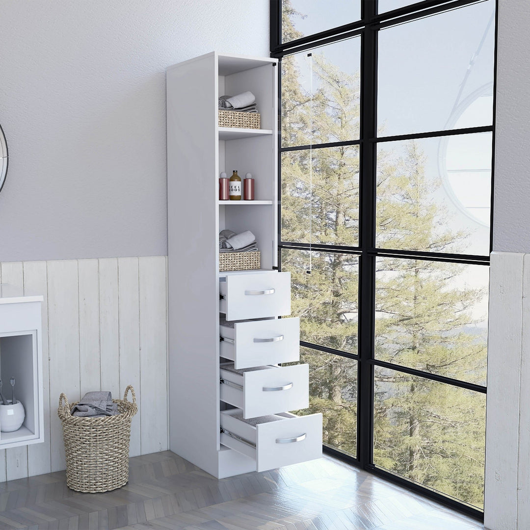 White Bathroom Storage Cabinet with Glass Door and Sliding Drawers Image 5