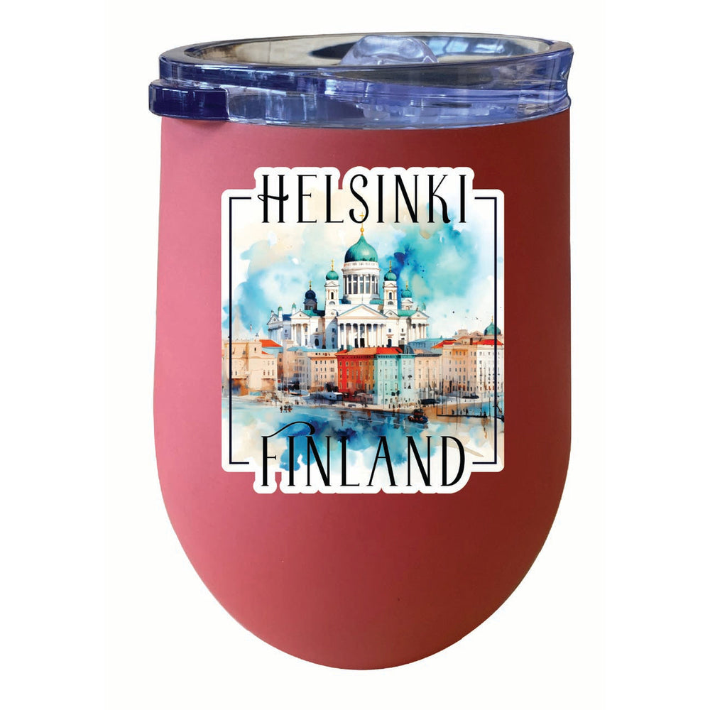 Helsinki Finland Watercolor Helsinki Cathedral Design Souvenir 12 oz Insulated Wine Stainless Steel Tumbler Image 2