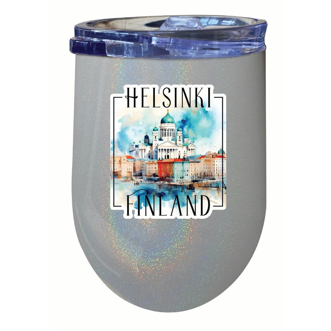 Helsinki Finland Watercolor Helsinki Cathedral Design Souvenir 12 oz Insulated Wine Stainless Steel Tumbler Image 1