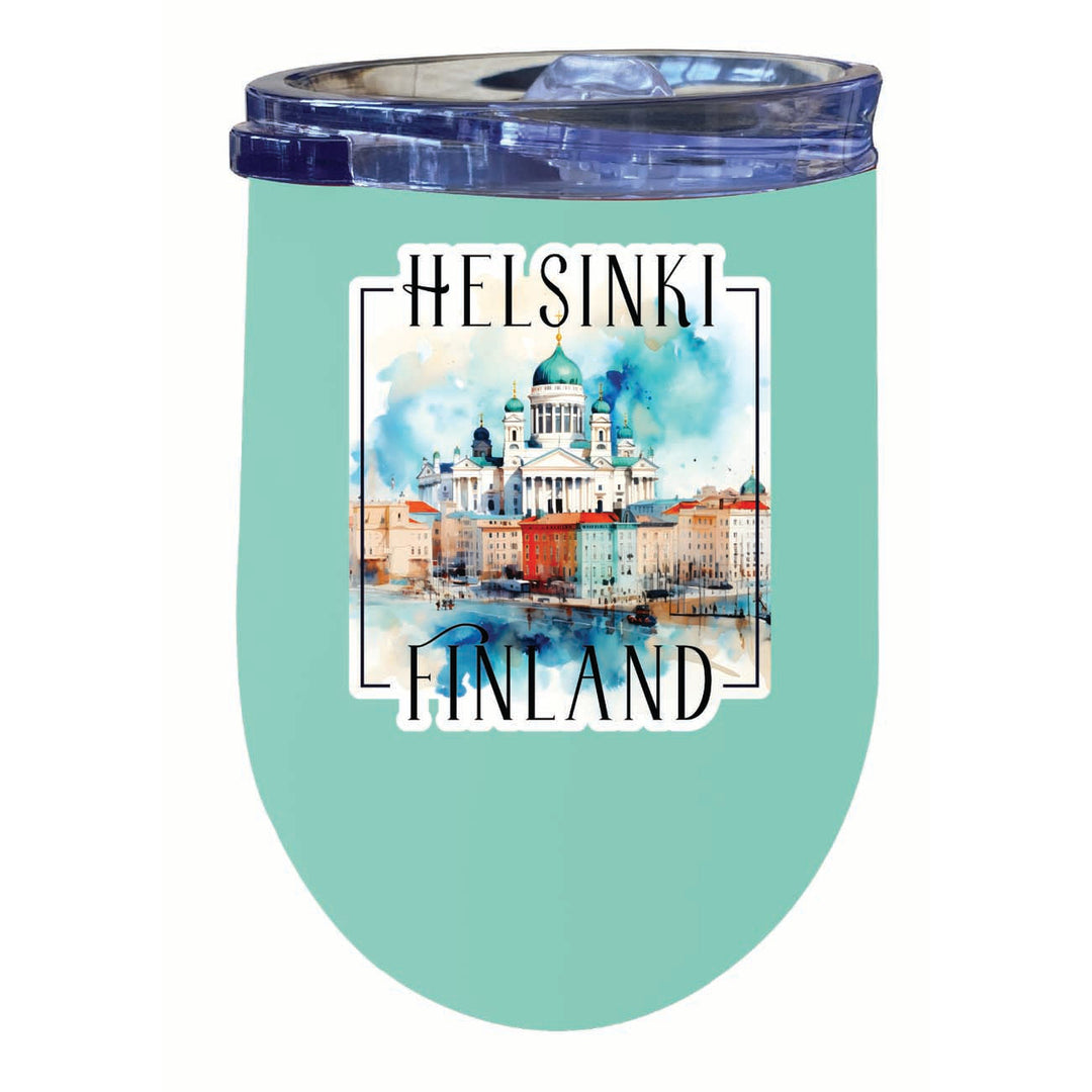 Helsinki Finland Watercolor Helsinki Cathedral Design Souvenir 12 oz Insulated Wine Stainless Steel Tumbler Image 5