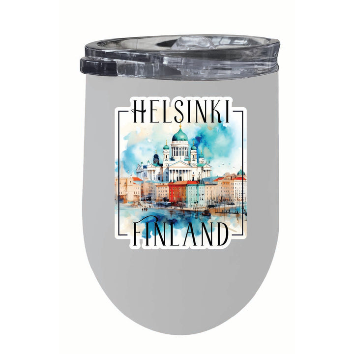 Helsinki Finland Watercolor Helsinki Cathedral Design Souvenir 12 oz Insulated Wine Stainless Steel Tumbler Image 6