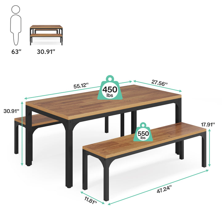 Tribesigns Dining Table Set for 6 People, 3 Pieces Rectangular Kitchen Table with 2 Benches, 55 Inches Large Wooden Image 6