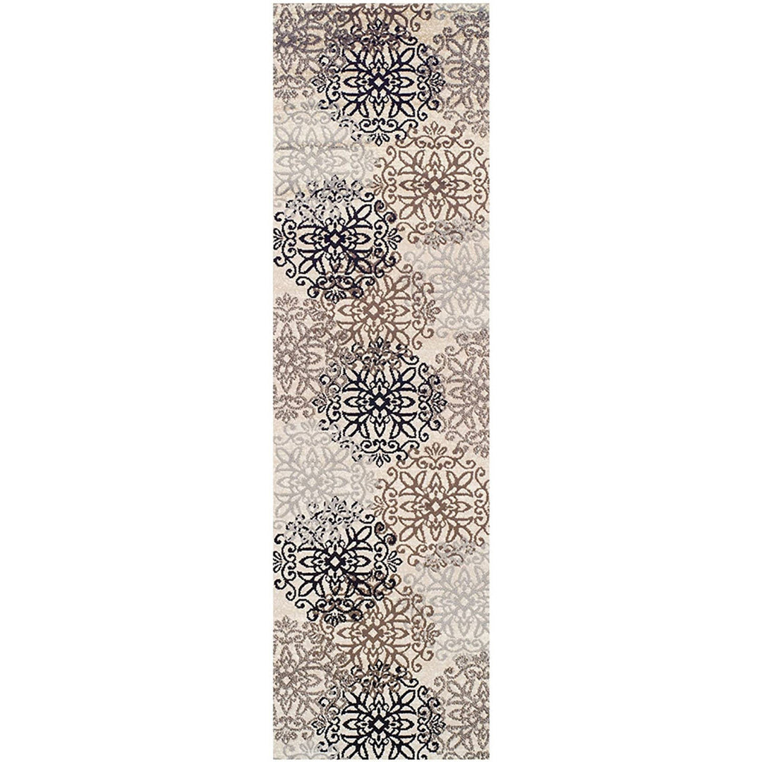 10 Tan Gray And Black Floral Medallion Stain Resistant Runner Rug Image 1