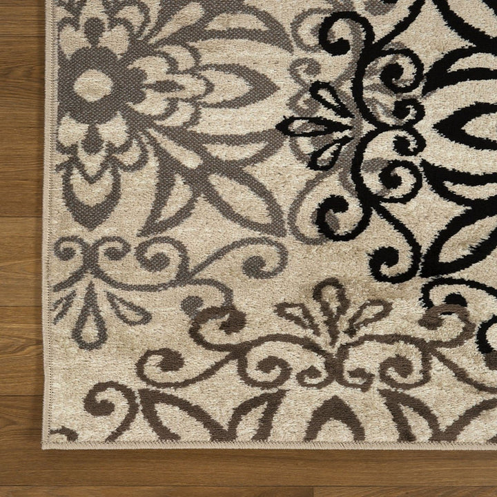 10 Tan Gray And Black Floral Medallion Stain Resistant Runner Rug Image 4