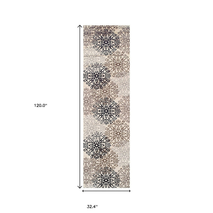 10 Tan Gray And Black Floral Medallion Stain Resistant Runner Rug Image 5