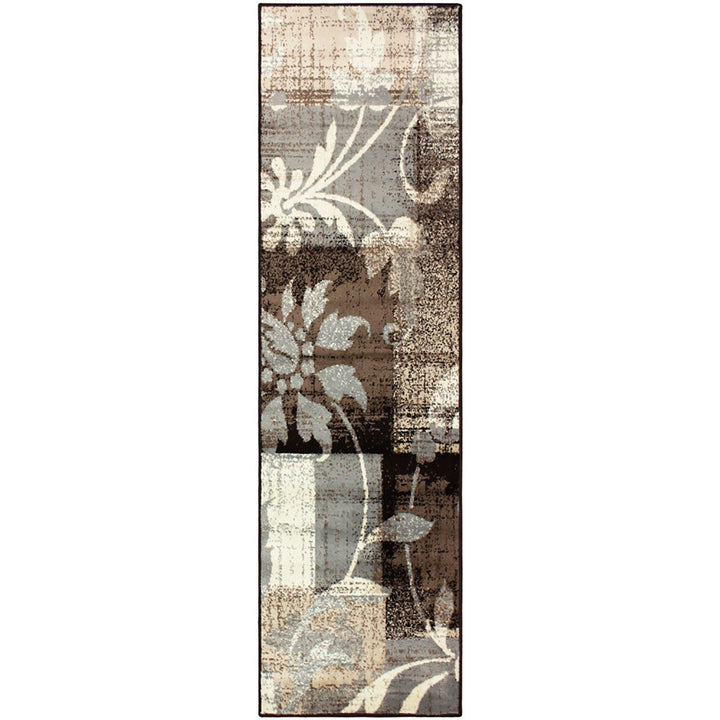 12 Beige And Gray Floral Power Loom Distressed Runner Rug Image 1