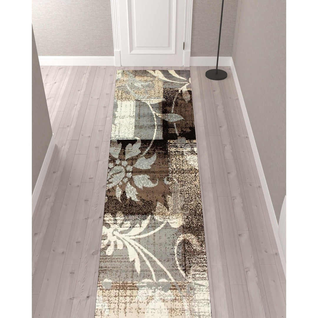 12 Beige And Gray Floral Power Loom Distressed Runner Rug Image 8