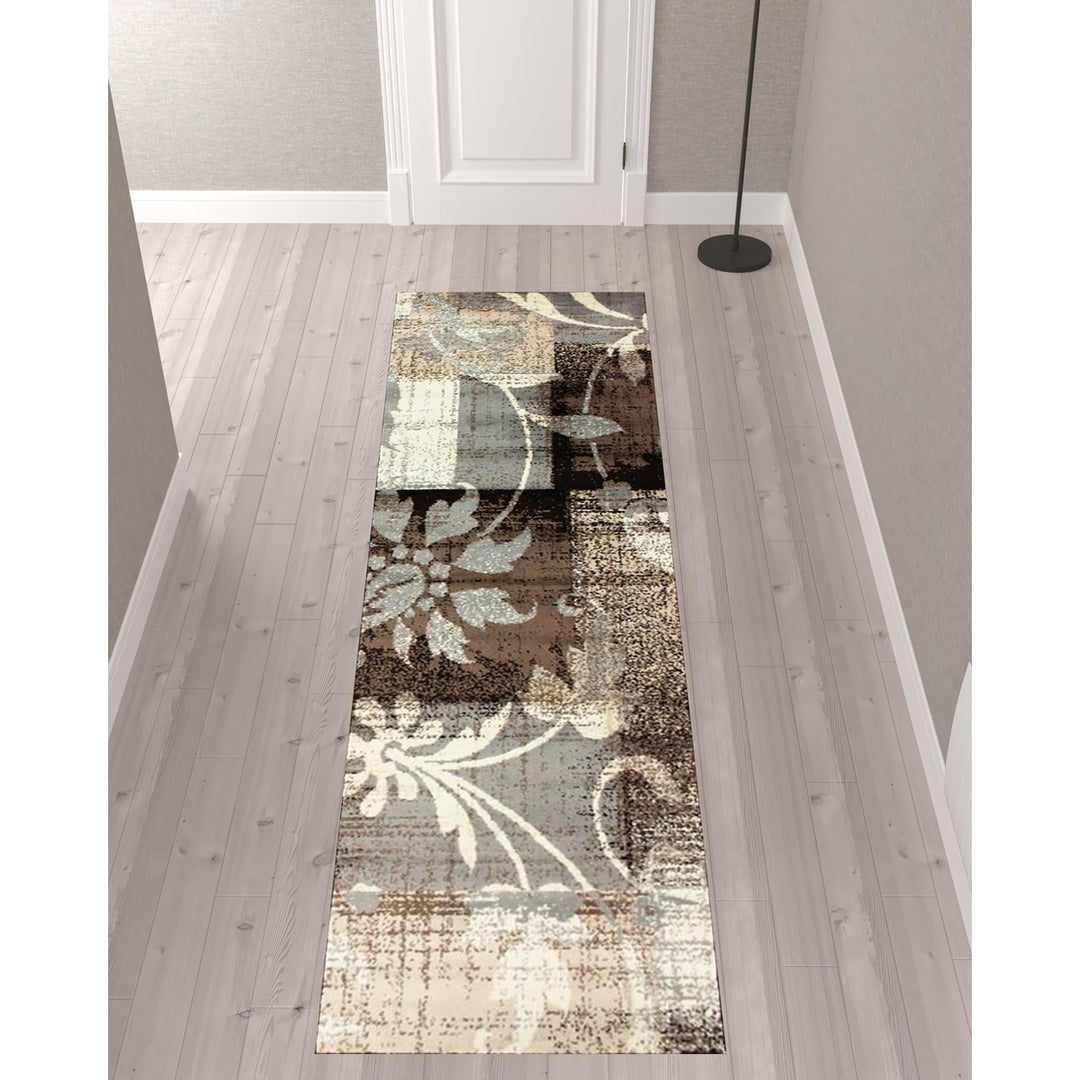 10 Beige And Gray Floral Power Loom Distressed Stain Resistant Runner Rug Image 8