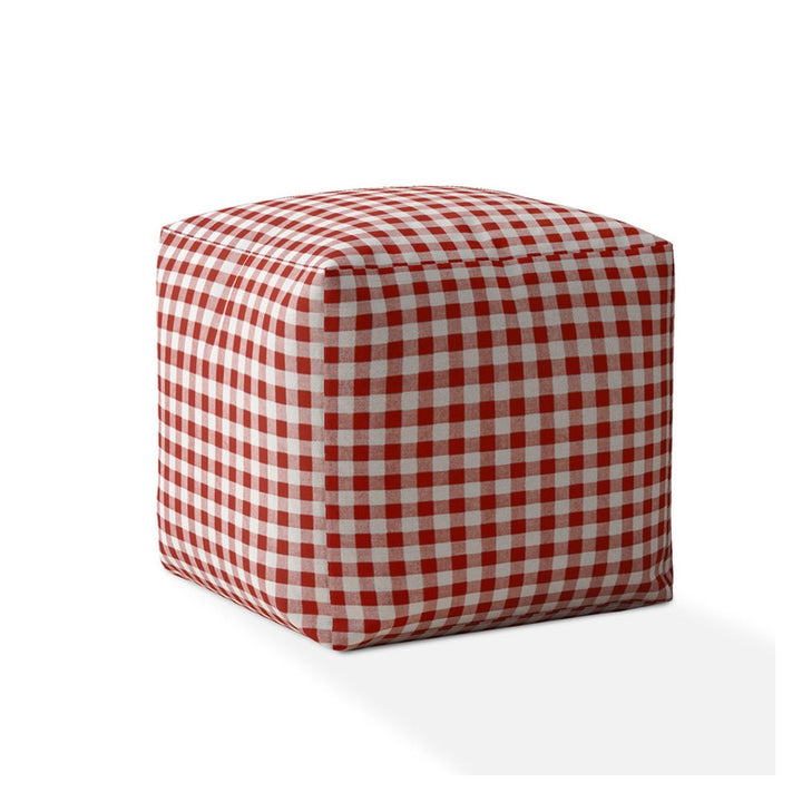 17" Red and White Cotton Gingham Pouf Ottoman Image 1