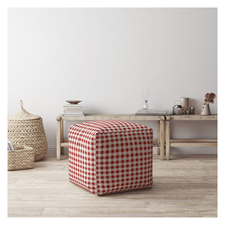 17" Red and White Cotton Gingham Pouf Ottoman Image 2