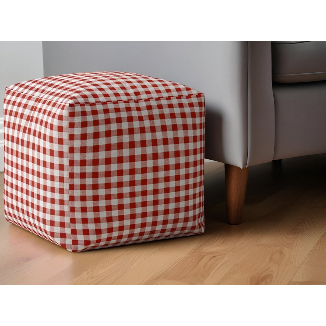 17" Red and White Cotton Gingham Pouf Ottoman Image 5