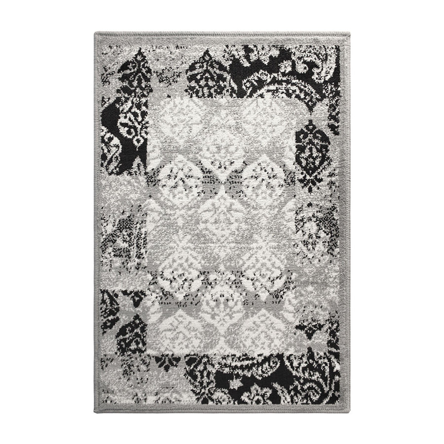 2 X 3 Black And Gray Damask Power Loom Distressed Stain Resistant Area Rug Image 1