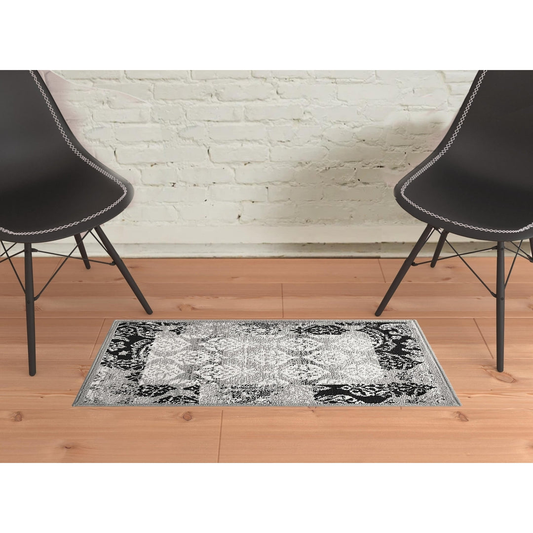 2 X 3 Black And Gray Damask Power Loom Distressed Stain Resistant Area Rug Image 8