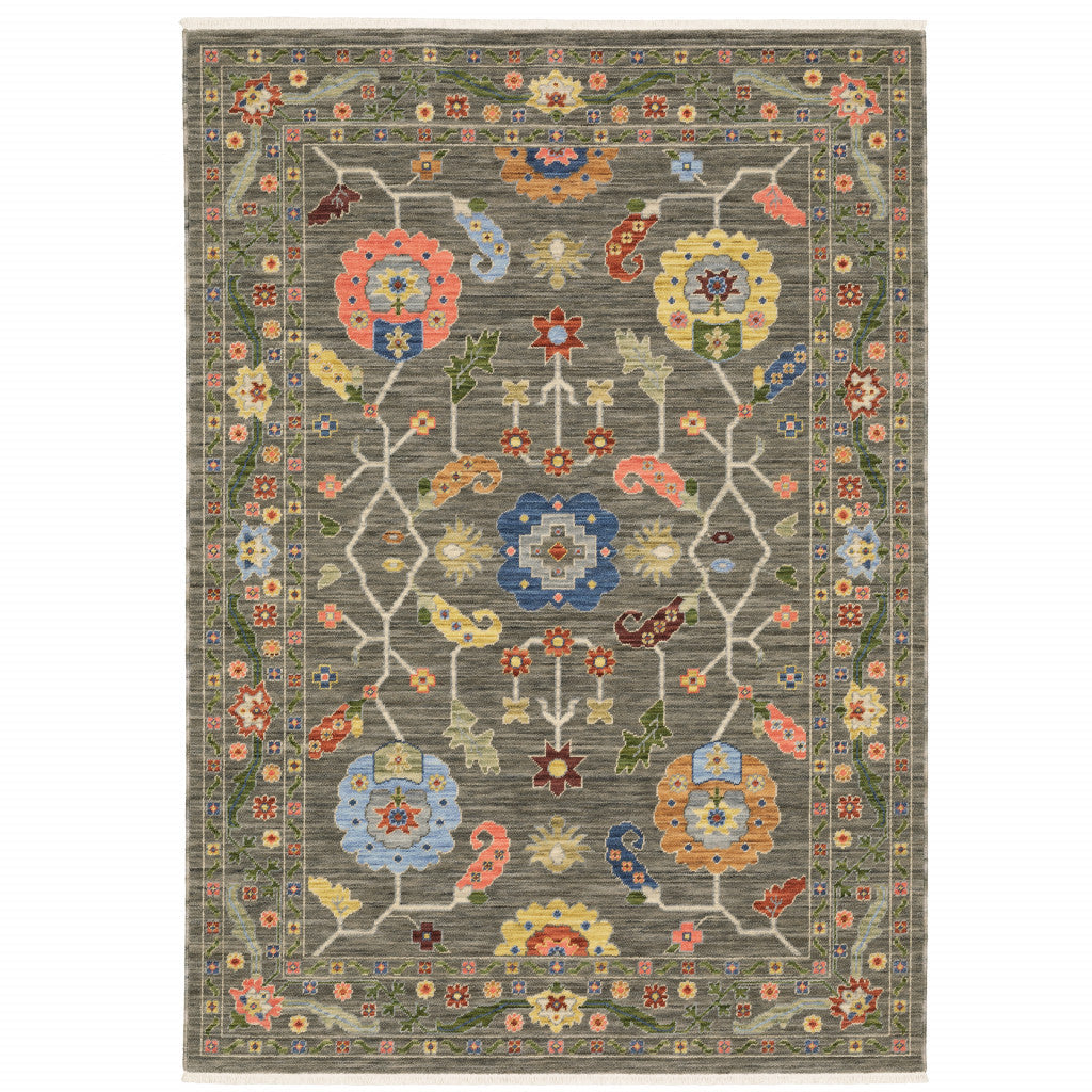 2 X 3 Grey Blue Pink Orange Rust Red Green And Ivory Oriental Power Loom Stain Resistant Area Rug With Fringe Image 1