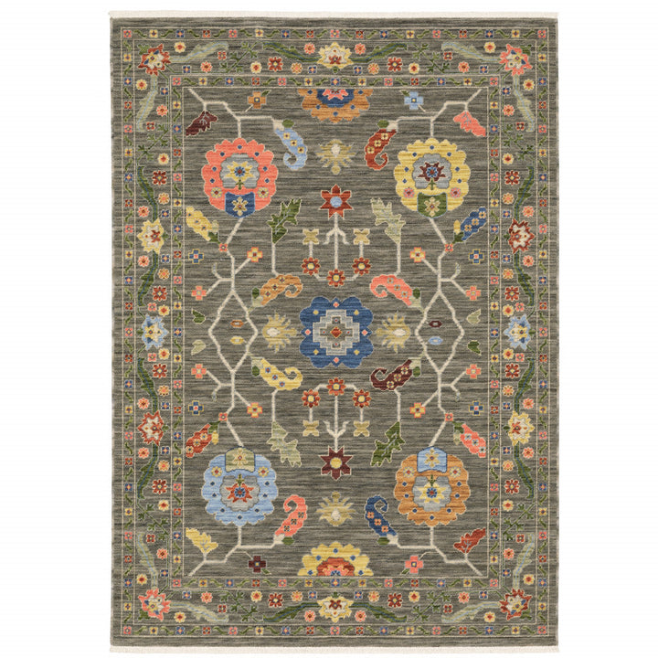 2 X 3 Grey Blue Pink Orange Rust Red Green And Ivory Oriental Power Loom Stain Resistant Area Rug With Fringe Image 1