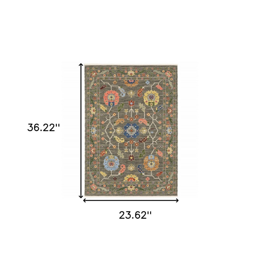 2 X 3 Grey Blue Pink Orange Rust Red Green And Ivory Oriental Power Loom Stain Resistant Area Rug With Fringe Image 9