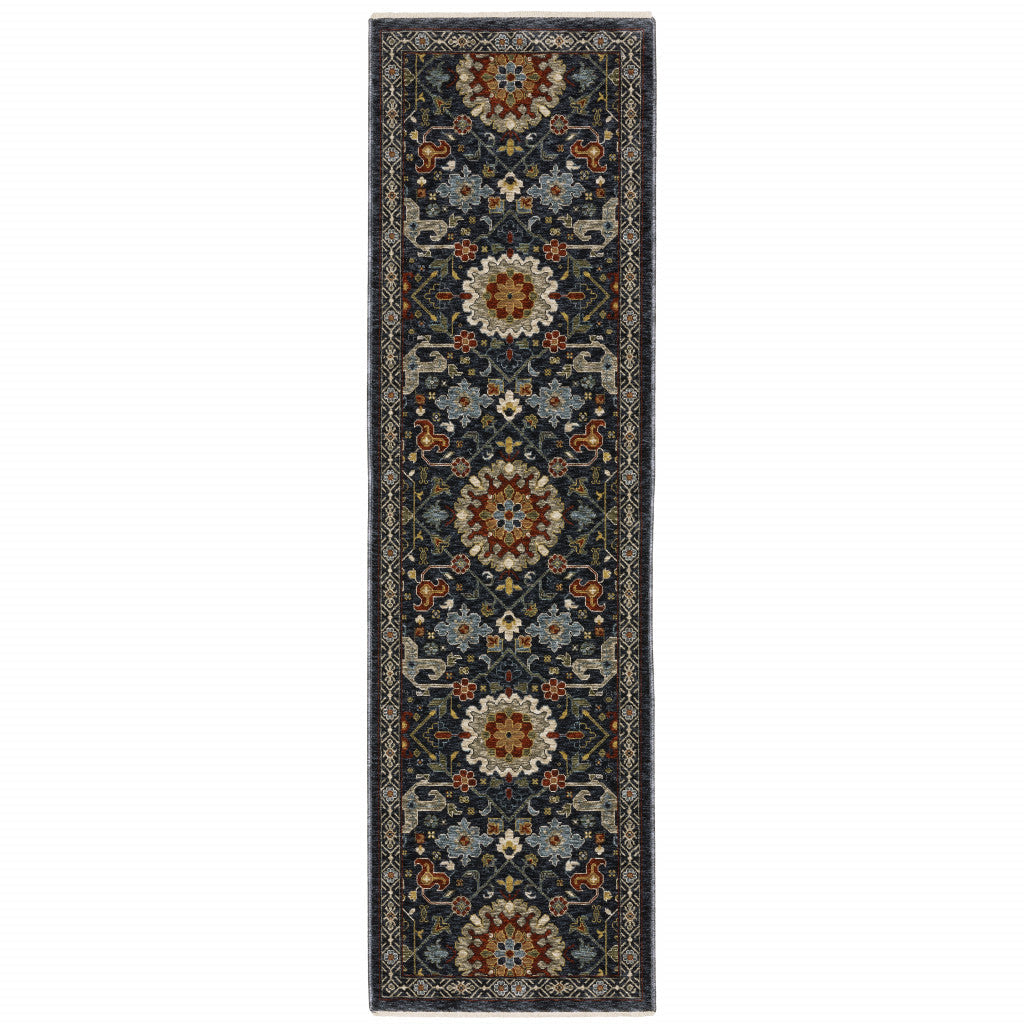 2 X 8 Blue And Ivory Oriental Power Loom Runner Rug With Fringe Image 1