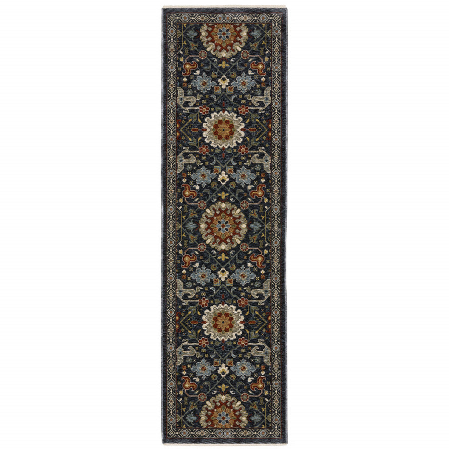 2 X 8 Blue And Ivory Oriental Power Loom Runner Rug With Fringe Image 1