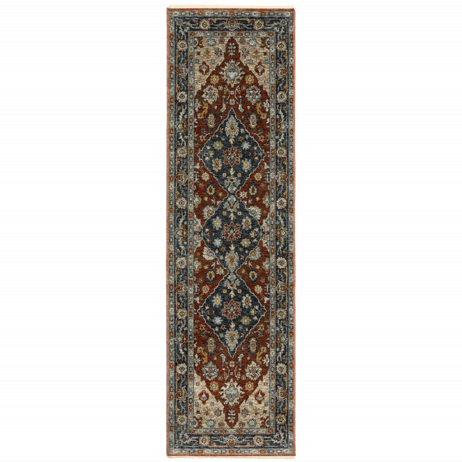 2 X 8 Blue Beige Tan Brown Gold And Rust Red Oriental Power Loom Stain Resistant Runner Rug With Fringe Image 1