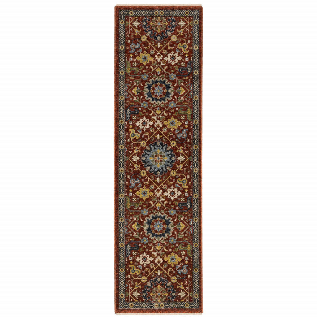 2 X 8 Red Blue Gold And Ivory Oriental Power Loom Stain Resistant Runner Rug With Fringe Image 1