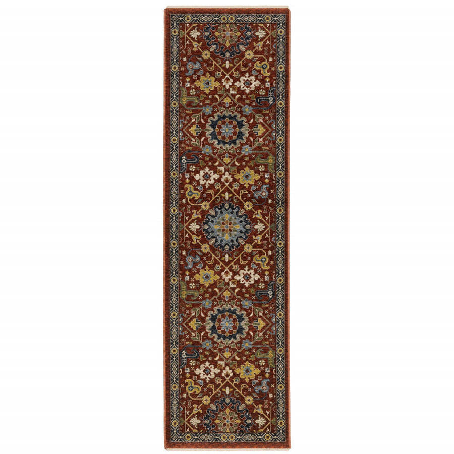 2 X 8 Red Blue Gold And Ivory Oriental Power Loom Stain Resistant Runner Rug With Fringe Image 1