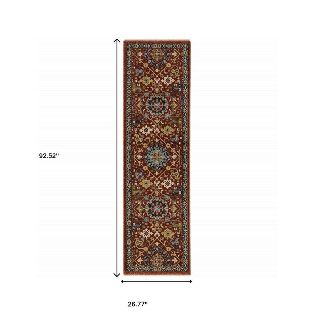 2 X 8 Red Blue Gold And Ivory Oriental Power Loom Stain Resistant Runner Rug With Fringe Image 9