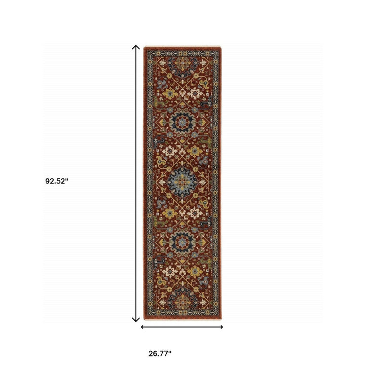 2 X 8 Red Blue Gold And Ivory Oriental Power Loom Stain Resistant Runner Rug With Fringe Image 9