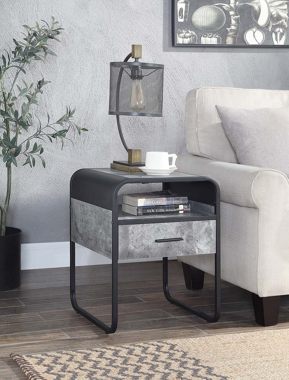 22" Black And Gray Square End Table With Drawer And Shelf Image 2