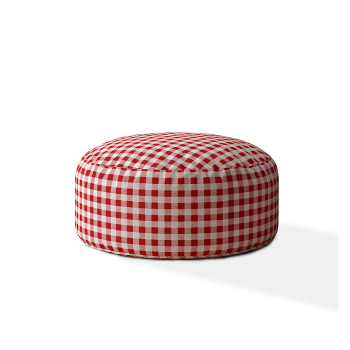 24" Red and White Cotton Round Gingham Pouf Ottoman Image 5