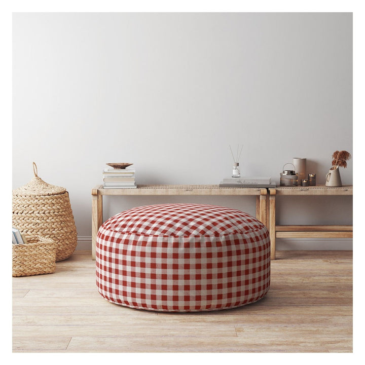 24" Red and White Cotton Round Gingham Pouf Ottoman Image 6