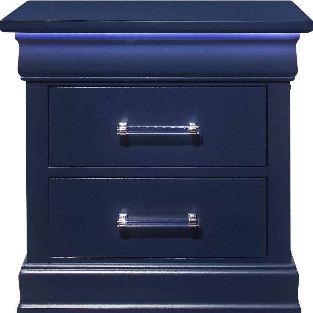 24" Blue Two Drawer Solid Wood Lighted Nightstand Image 3