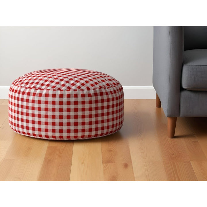 24" Red and White Cotton Round Gingham Pouf Ottoman Image 1