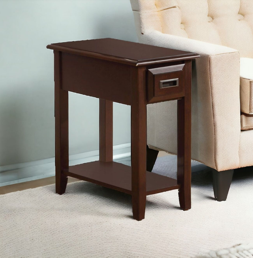 23" Brown Solid Wood End Table With Drawer And Shelf Image 5