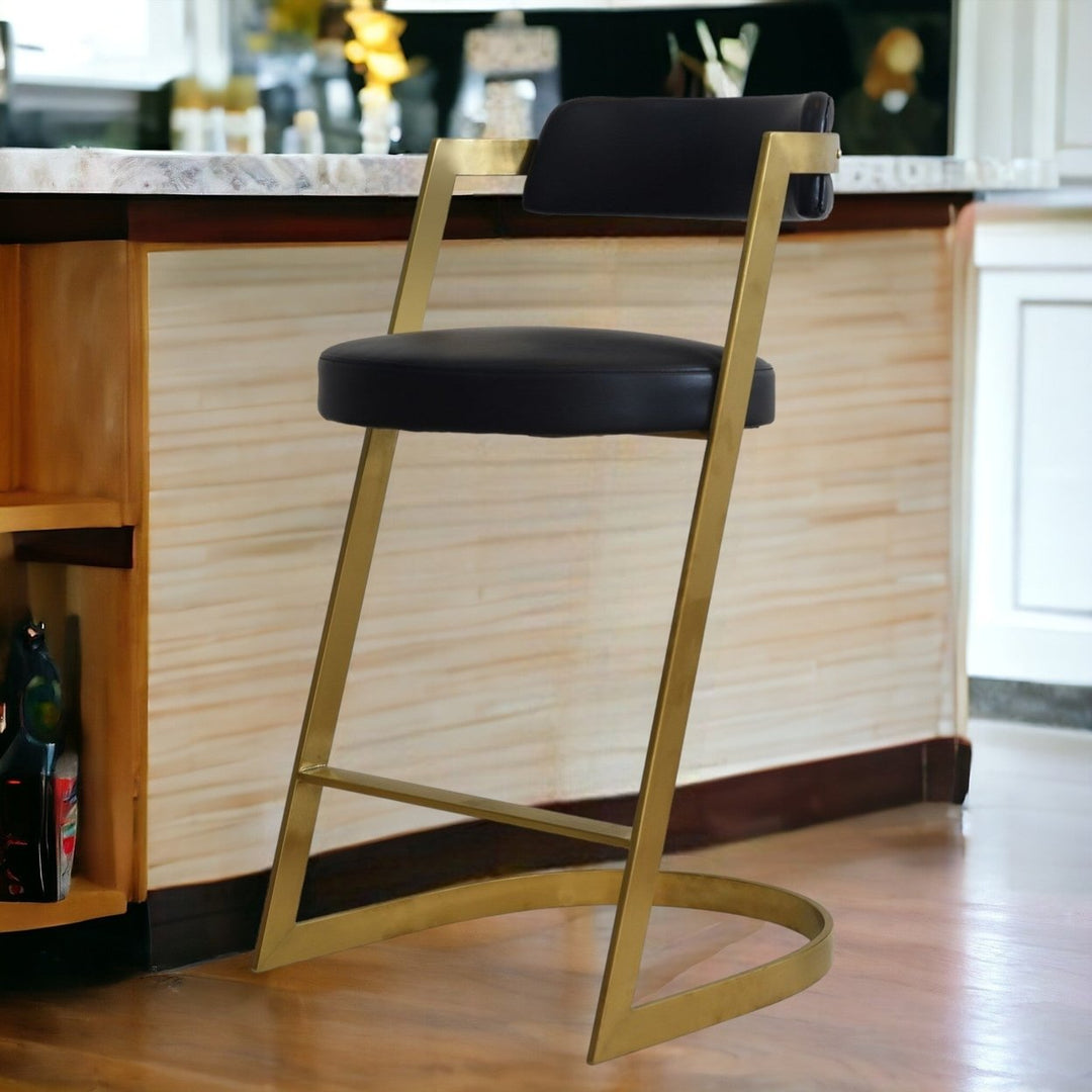 26" Black And Gold Faux Leather And Stainless Steel Low Back Counter Height Bar Chair Image 7