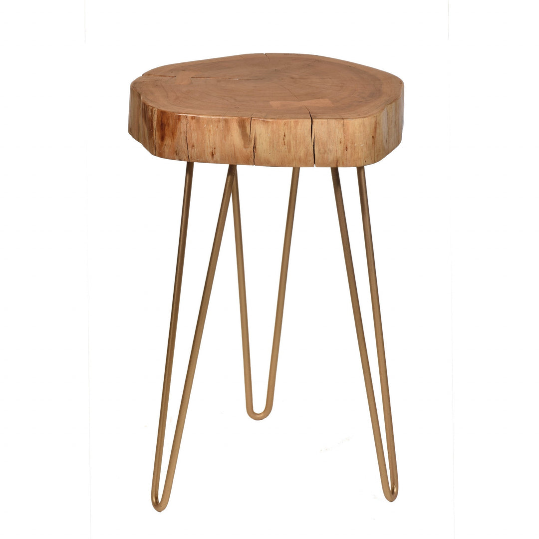 26" Gold And Natural Solid Wood Round End Table Image 1