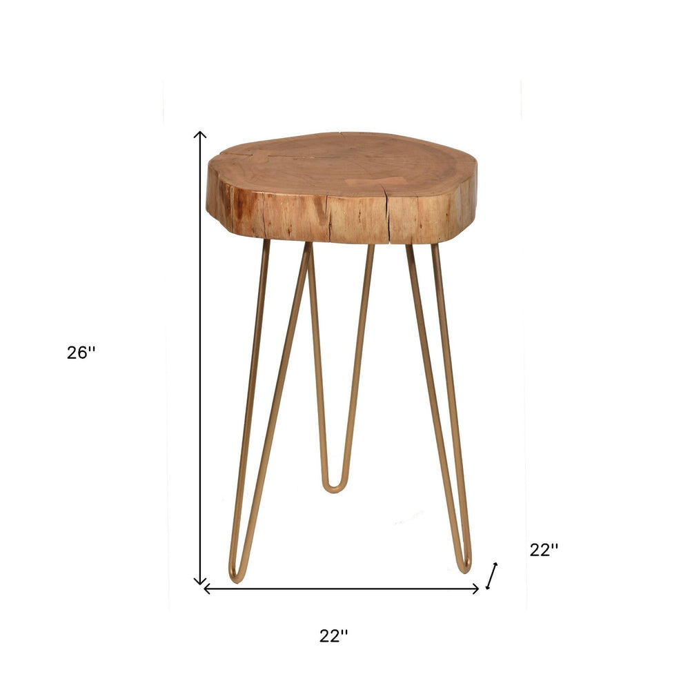 26" Gold And Natural Solid Wood Round End Table Image 2