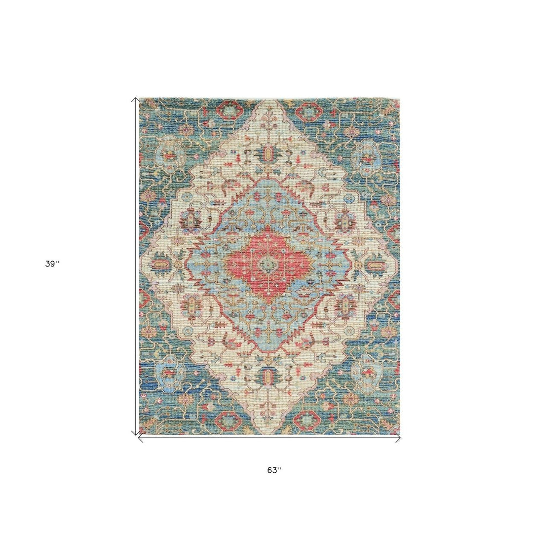 3 X 5 Blue and Beige Medallion Hand Woven Area Rug Image 7