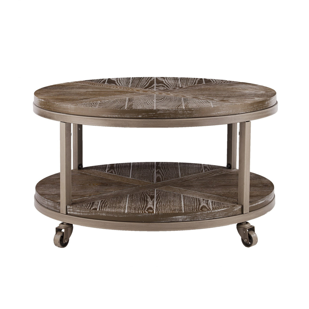 32" Brown Rustic and Distressed Round Two Tier Rolling Coffee Table Image 2