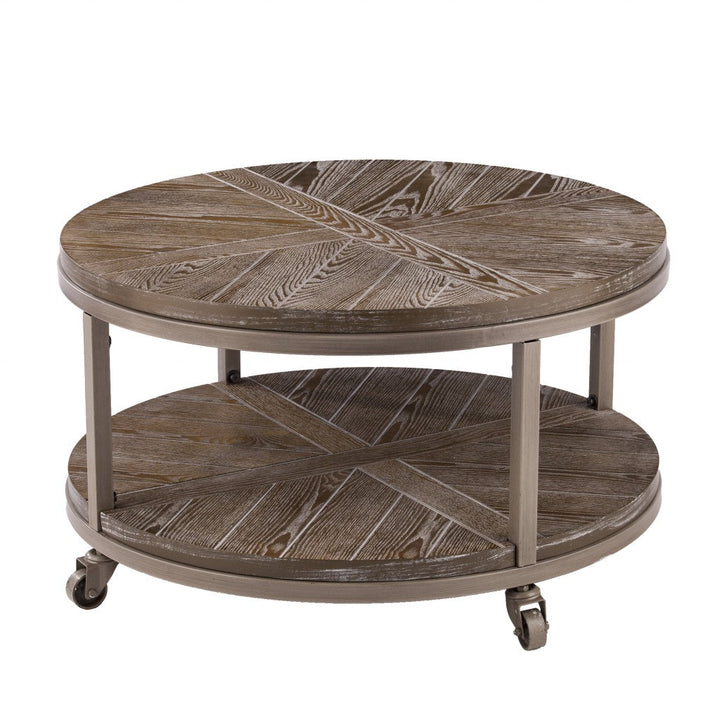 32" Brown Rustic and Distressed Round Two Tier Rolling Coffee Table Image 3