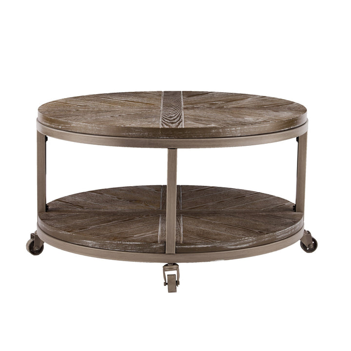 32" Brown Rustic and Distressed Round Two Tier Rolling Coffee Table Image 4