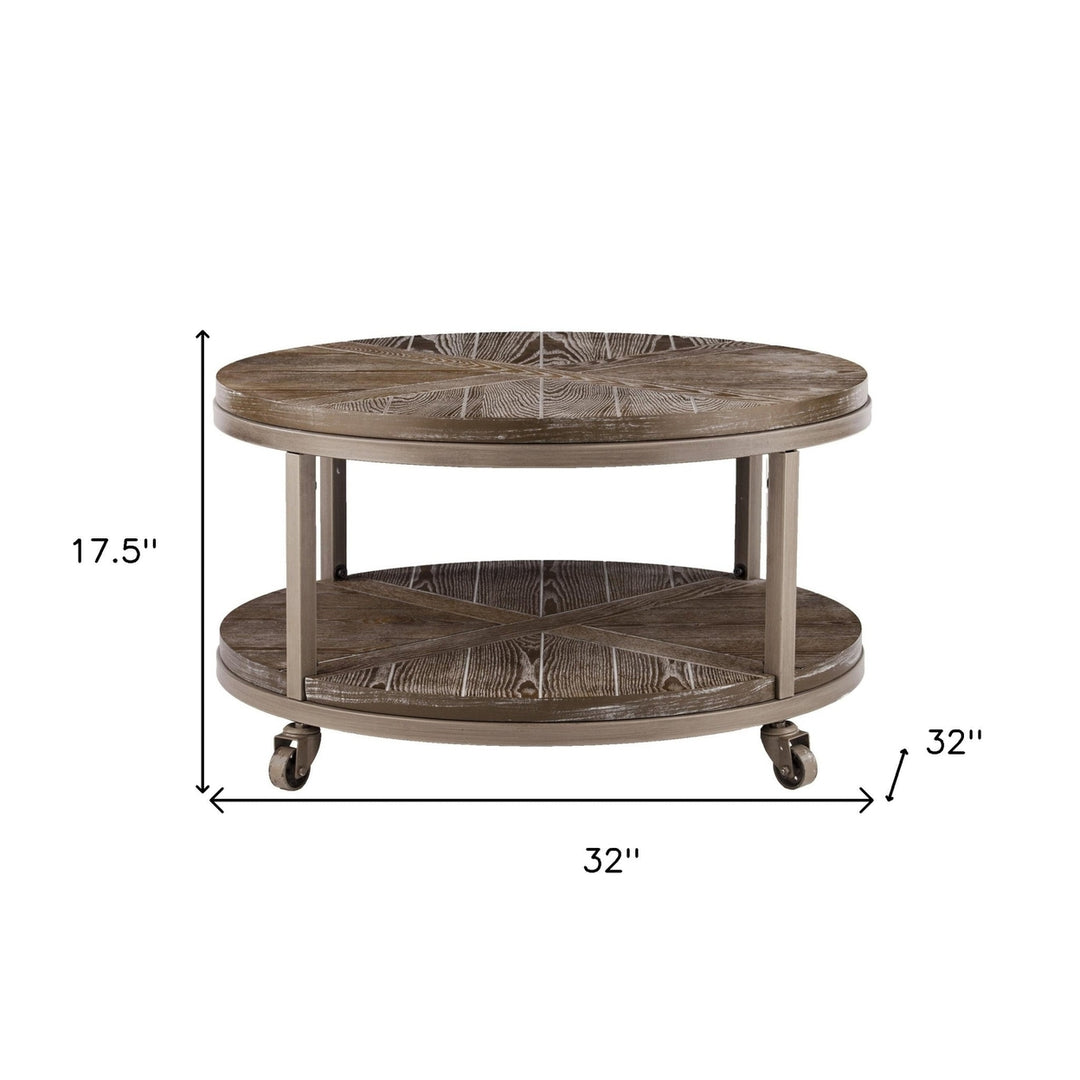 32" Brown Rustic and Distressed Round Two Tier Rolling Coffee Table Image 9