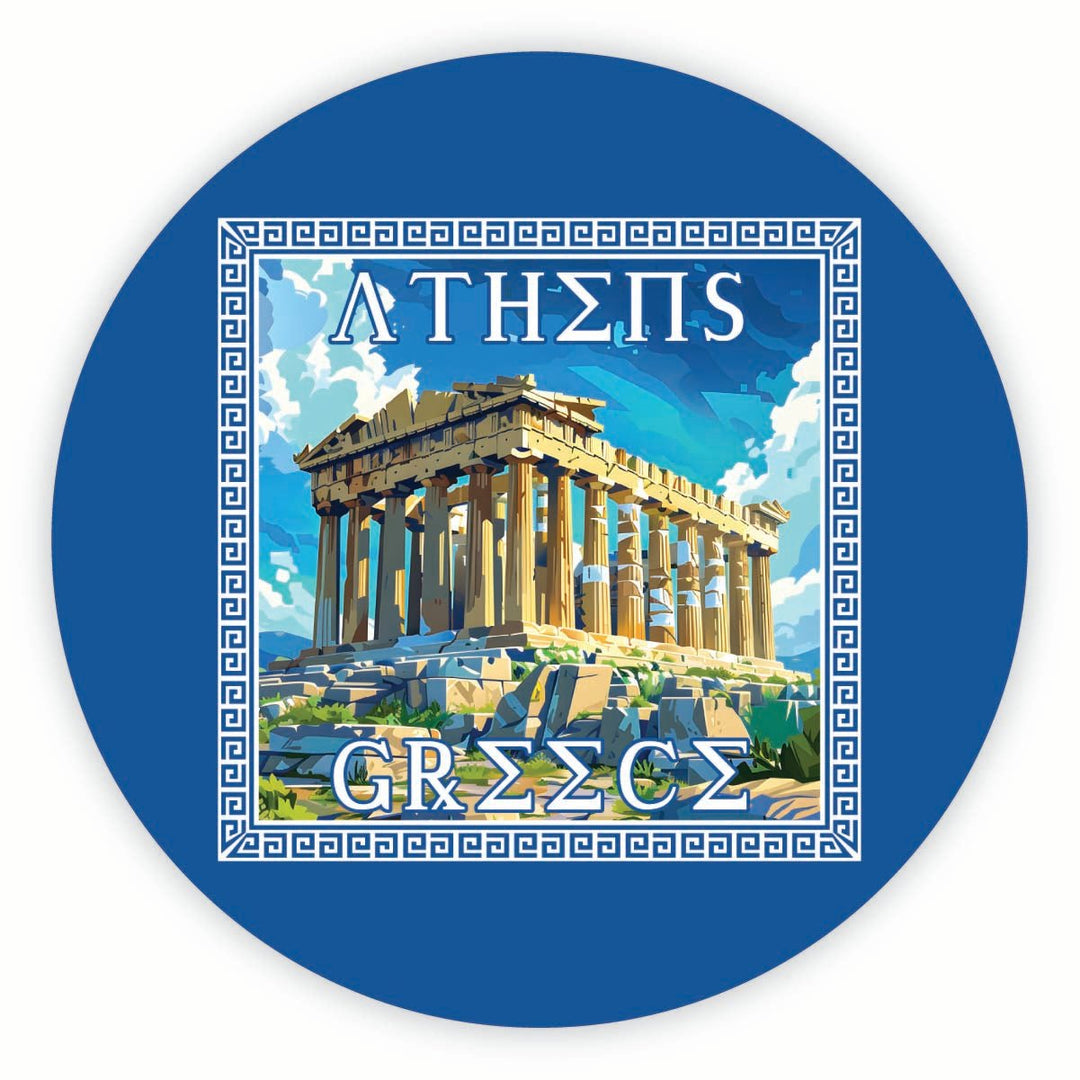 Athens Greece Acropolis in Meander Frame Design Souvenir Round Vinyl Decal Sticker Image 1