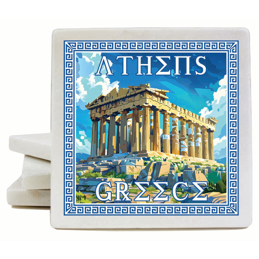 Athens Greece Acropolis in Meander Frame Design Souvenir 4x4-Inch Coaster Marble 4 Pack Image 1