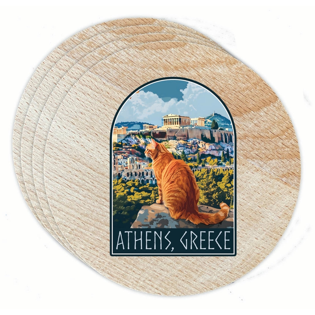 Athens Greece Cat Acropolis Design Souvenir Coaster Wooden 3.5 x 3.5-Inch 4 Pack Image 1