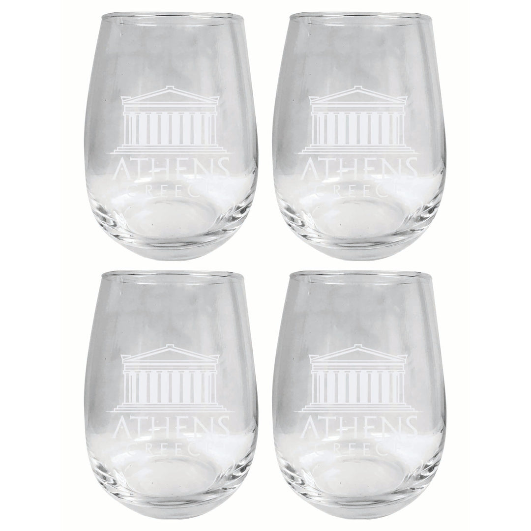 Athens Greece Souvenir 15 oz Engraved Stemless Wine Glass 4-Pack Image 1