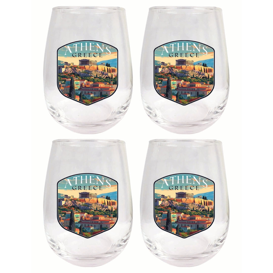 Athens Greece Acropolis Cityscape Design Souvenir 15 oz Stemless Wine Glass 4-Pack Image 1