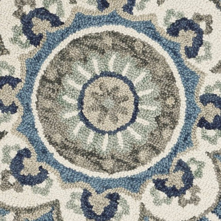 4 Blue and Cream Round Wool Floral Medallion Hand Tufted Area Rug Image 1