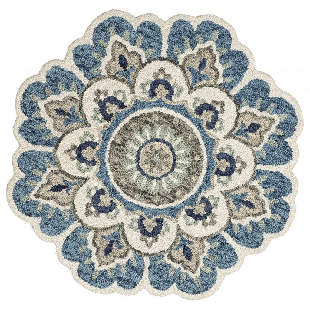 4 Blue and Cream Round Wool Floral Medallion Hand Tufted Area Rug Image 12